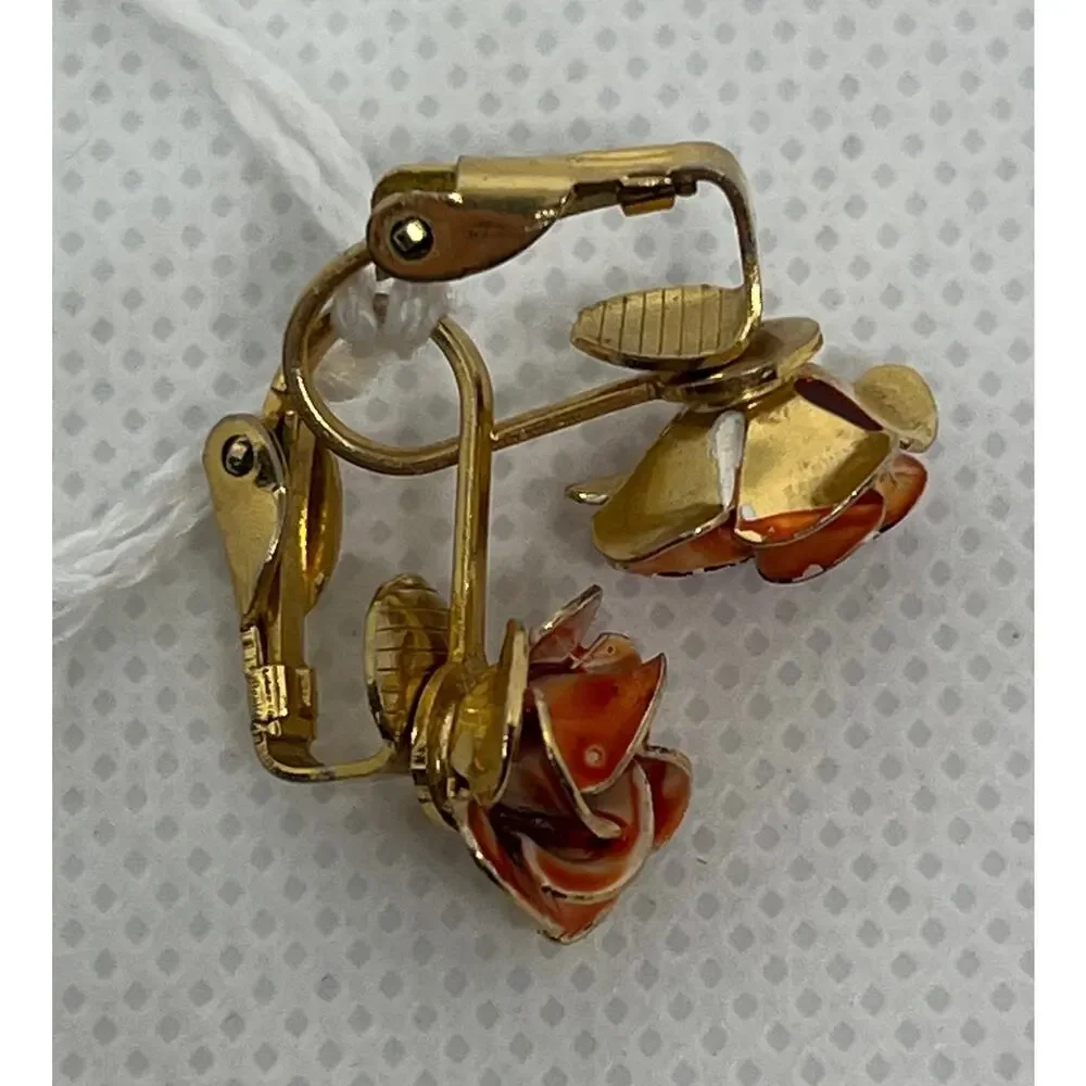 Vintage Nathen Orange Enamel Rose Clip-On Earrings Gold Tone Floral 1960s
